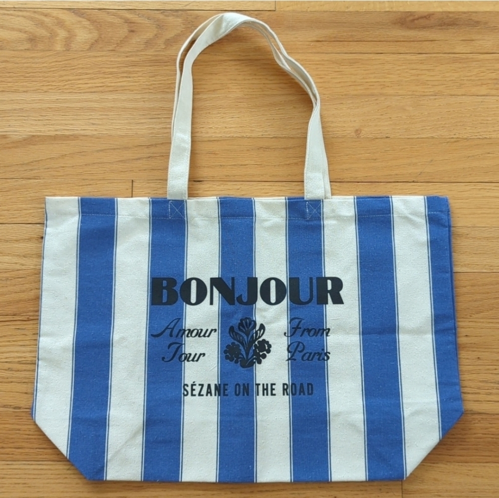New Sézane Striped Canvas Tote Bag Blue Cream French Bonjour